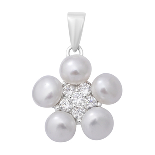 Freshwater Pearl and Simulated Diamond Floral Pendant in Rhodium Overlay Sterling Silver