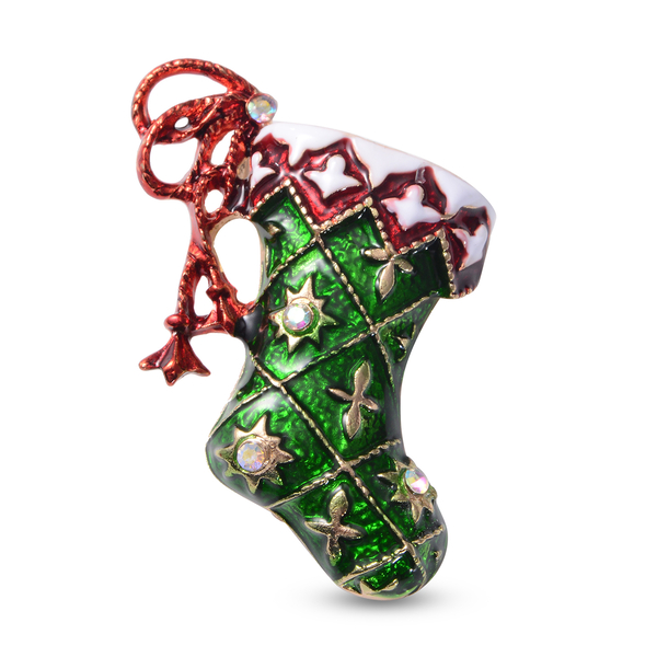 Christmas AB Colour Crystal Enamelled Brooch Cum Pendant in Yellow Gold Tone