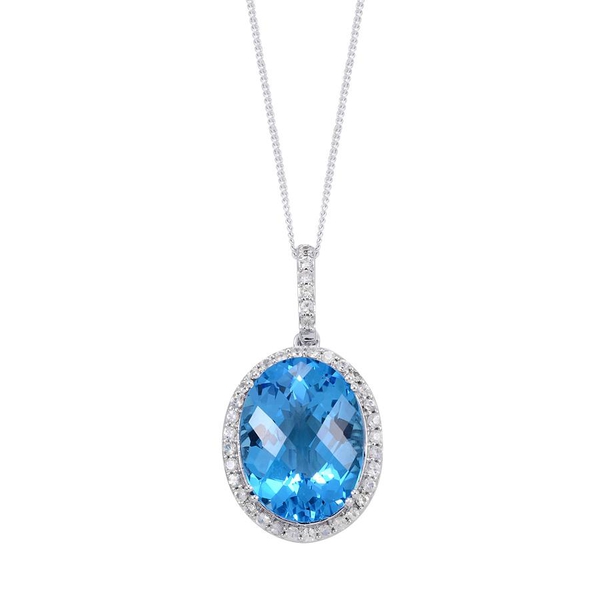 Limited Edition-14K W Gold Electric Swiss Blue Topaz (Ovl 35.50 Ct), White Sapphire Pendant With Cha