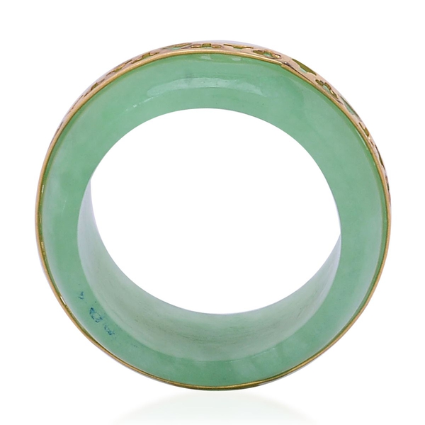 Green Jade Band Ring with Engraved Yellow Gold Overlay Sterling Silver 22.100 Ct.