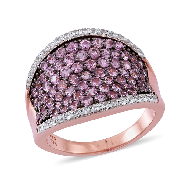 Limited Available- AA Pink Sapphire (Rnd), Natural Cambodian White Zircon Saddle Ring in 14K Rose Go