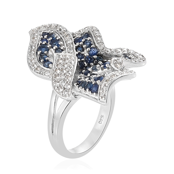 Designer Inspired-Kanchanaburi Blue Sapphire (Rnd), Natural White Cambodian Zircon Wave Ring in Platinum Overlay Sterling Silver 2.750 Ct, Silver wt 7.70 Gms