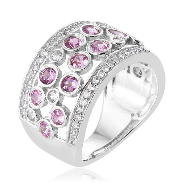 Pink Sapphire (Rnd), Natural Cambodian Zircon Ring in Platinum Overlay Sterling Silver 2.350 Ct.