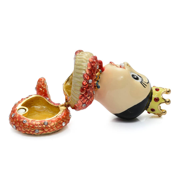 Snake King Shape Red Enameled Trinket Box in Gold Tone With Red and White Austrian Crystal
