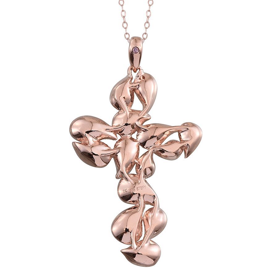 Stefy Pink Sapphire (Rnd) Cross Pendant With Chain in Rose Gold Overlay Sterling Silver