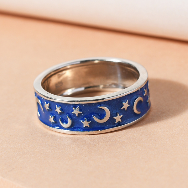 Platinum Overlay Sterling Silver Enamelled Crescent Moon & Star Ring