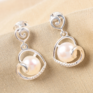 Freshwater Pearl Heart Drop Earrings (with Push Back) in Sterling Silver