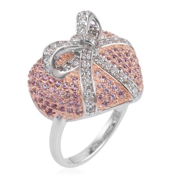Designer Inspired - Ilakaka Pink Sapphire (Rnd), Natural White Cambodian Zircon Bowknot Tied Heart Ring in Rhodium and Rose Gold Overlay Sterling Silver 2.200 Ct. Silver wt 5.16 Gms.No.of Stone 184