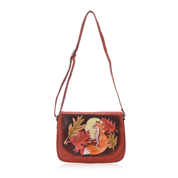 100% Genuine Leather RFID Protected Hand Painted Fox at Jungle Crossbody Bag (Size 28.5x20.5x6 Cm) with External Zipper Pocket - Orange Colour
