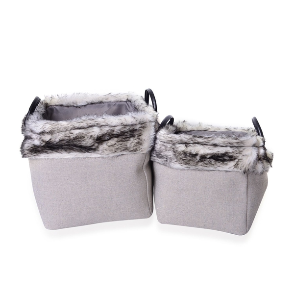 Set of 2 - 70% Cotton Light Grey Colour Multi Purpose Faux Fur Basket with Faux Leather Handles (Siz