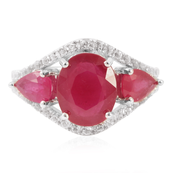 African Ruby (Ovl 5.00 Ct), White Topaz Ring in Rhodium Plated Sterling Silver 8.000 Ct.