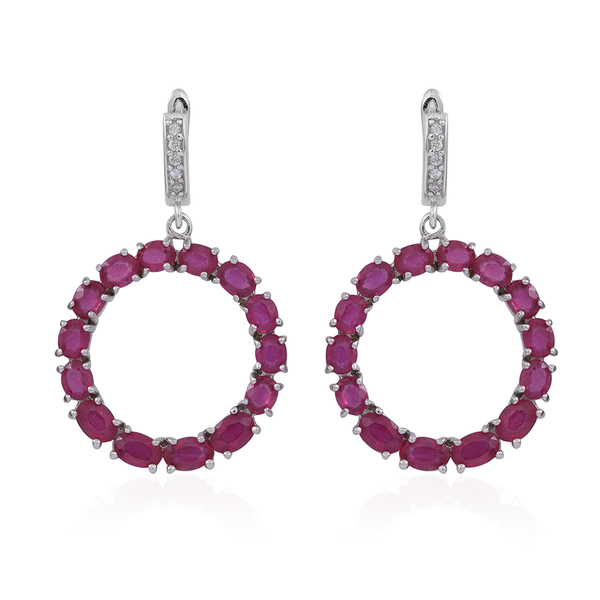 African Ruby (Ovl), White Topaz Earrings (with Clasp) in Rhodium Plated Sterling Silver 15.000 Ct.