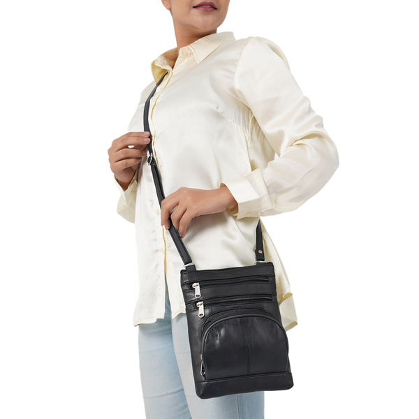 100% Genuine Leather Crossbody Bag with Adjustable Leather Shoulder Strap (Size 23x17 Cm) - Black