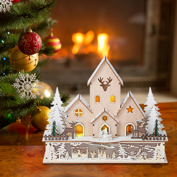 Christmas Decorative - Wooden House Scene with ChristmasTrees LED Lights  (Size 30x25x10 Cm) Require