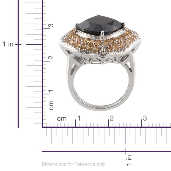 Boi Ploi Black Spinel (Cush 10.50 Ct), Citrine Ring in Platinum Overlay Sterling Silver 12.250 Ct.