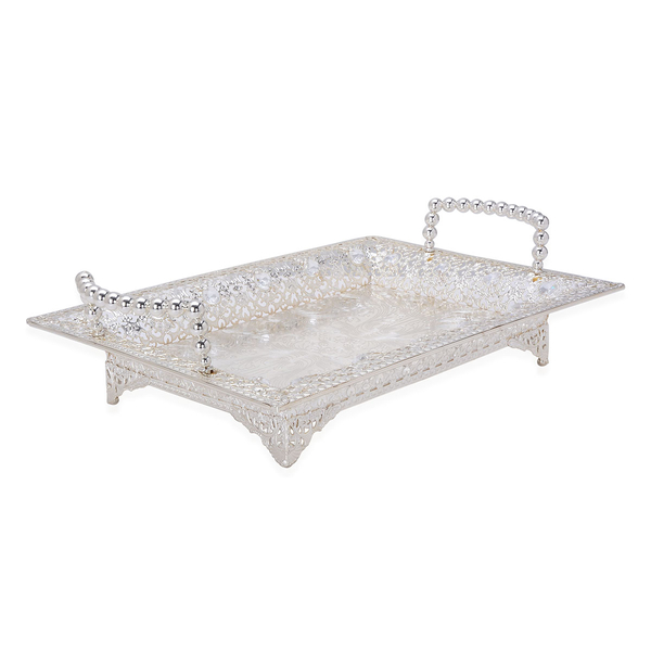 Silver Tone Tray Decorated with Simulated White Diamond and White Austrian Crystal (Size 35x24 Cm)