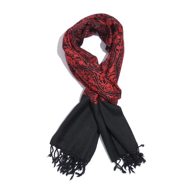 Designer Inspired 100% Merino Wool Red Colour Floral Embroidered Black Colour Scarf with Fringes (Size 200x70 Cm)