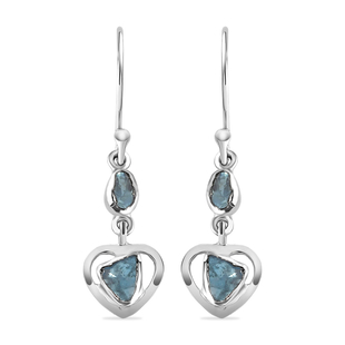 Artisan Crafted Polki Blue Diamond Heart Earrings (With Hook) in Platinum Overlay Sterling Silver 0.