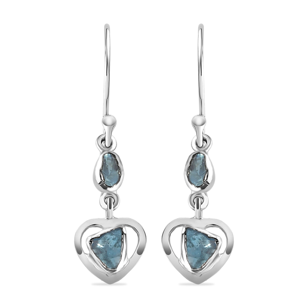 Artisan Crafted Polki Blue Diamond Heart Earrings (With Hook) in Platinum Overlay Sterling Silver 0.