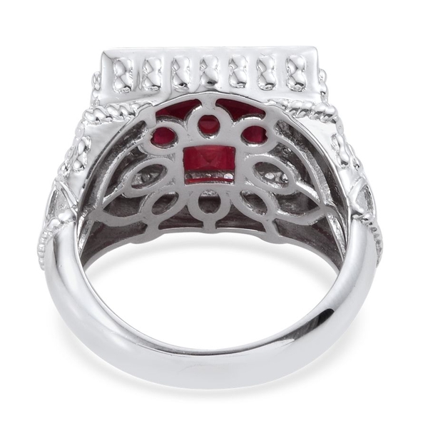 African Ruby (Sqr 7.25 Ct), Ruby and Natural Cambodian Zircon Ring in Platinum Overlay Sterling Silver 8.000 Ct.