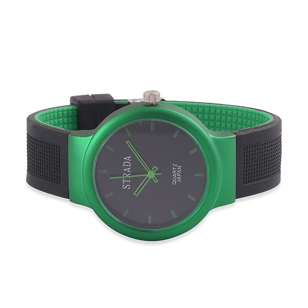 STRADA Japanese Movement Black Dial Water Resistant Watch in Silver Tone with Stainless Steel Back and Black and Green Silicone Strap
