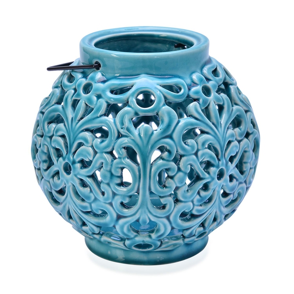 Hand Made Flower Pattern Blue Colour Ceramic Outdoor Candle Holder-Lantern