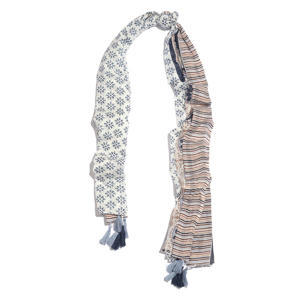 Designer Inspired - 100% Cotton Blue, White and Multi Colour Printed Scarf with Tassels (Size 210x180 Cm)