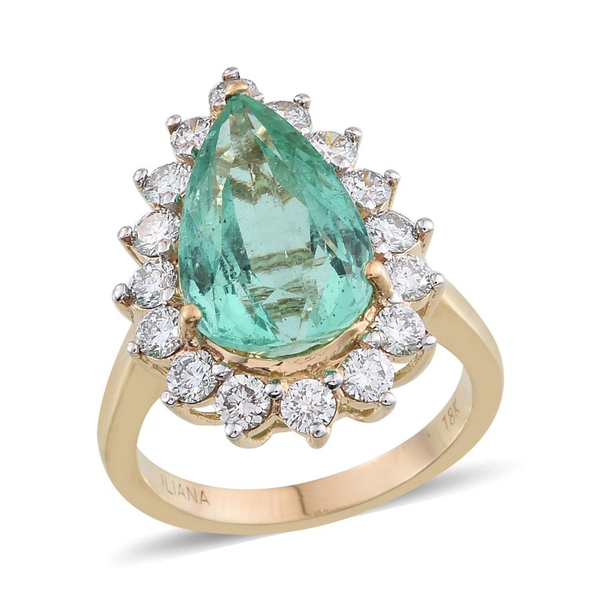ILIANA 18K Y Gold AAA Boyaca Colombian Emerald (Pear 6.15 Ct), Diamond (SI/G-H) Ring 7.500 Ct.