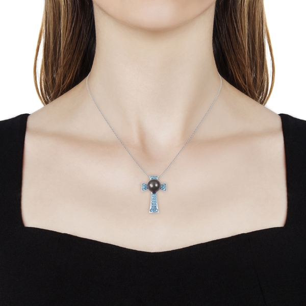 Tahitian Pearl (Rnd 12-13 mm), Malgache Neon Apatite Cross Pendant with Chain in Rhodium Plated Sterling Silver 14.730 Ct.