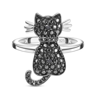 Black Diamond Cat Ring in Black and Platinum Overlay Sterling Silver