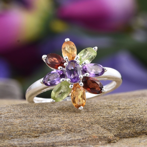 Amethyst (Ovl), Hebei Peridot, Mozambique Garnet and Citrine Floral Ring in Sterling Silver 2.000 Ct.