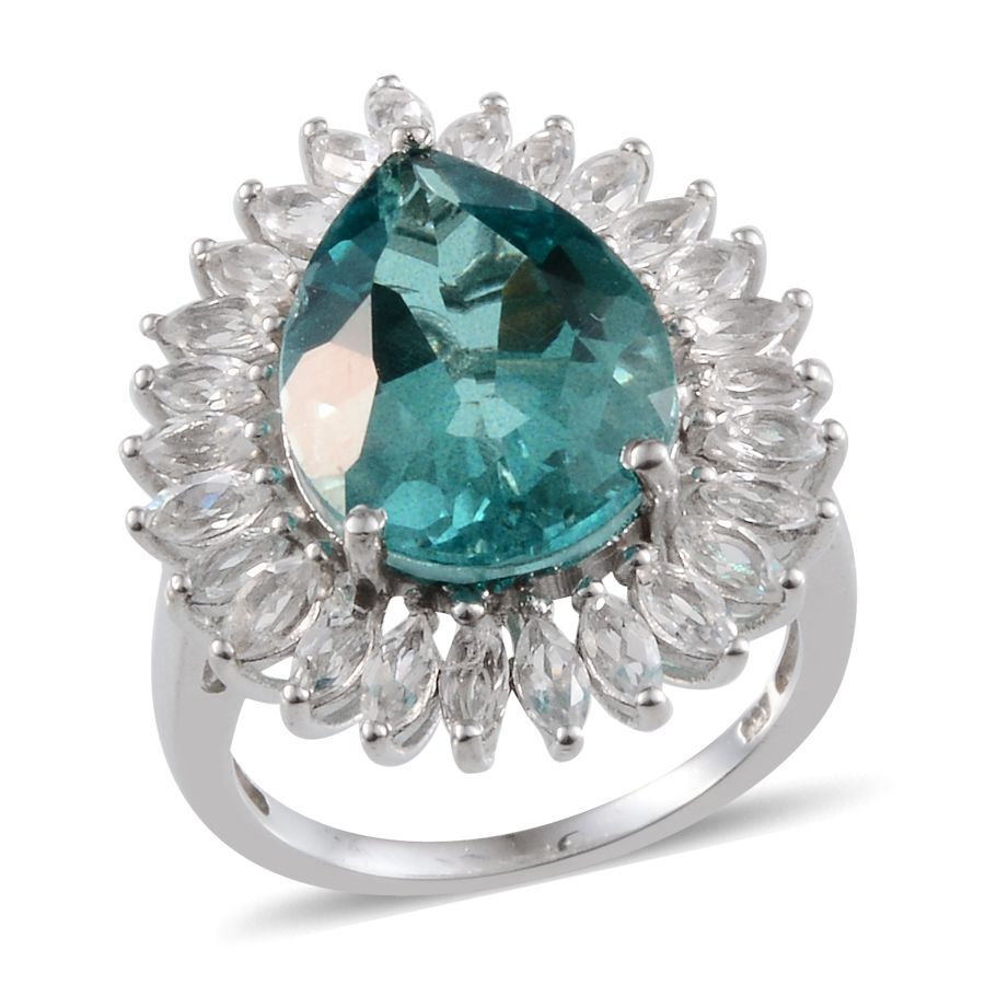 Paraiba Tourmaline Colour Quartz (Pear 9.00 Ct), White Topaz Ring in Platinum Overlay Sterling Silve