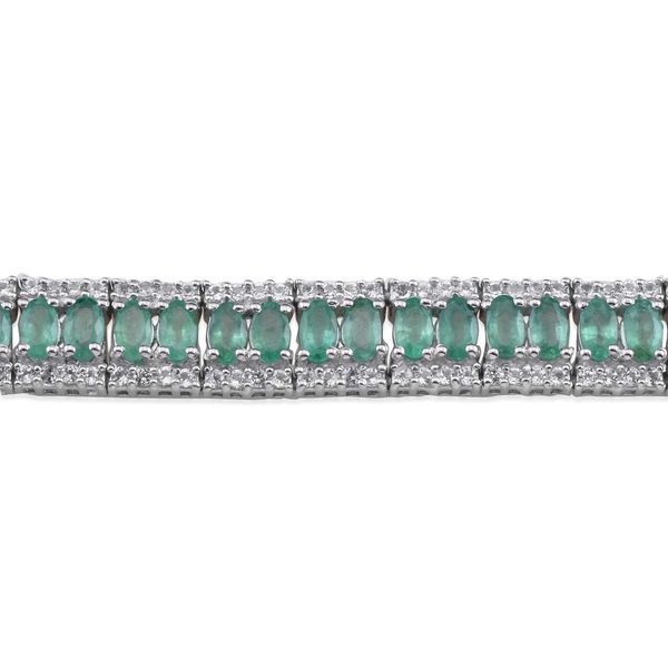 Kagem Zambian Emerald (Ovl), White Topaz Bracelet in Platinum Overlay Sterling Silver (Size 7.5) 15.250 Ct.
