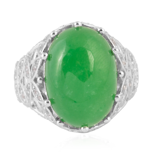 Green Jade (Ovl 18x13 mm), Natural White Cambodian Zircon Ring in Rhodium Overlay Sterling Silver 16.040 Ct, Silver wt 9.04 Gms.