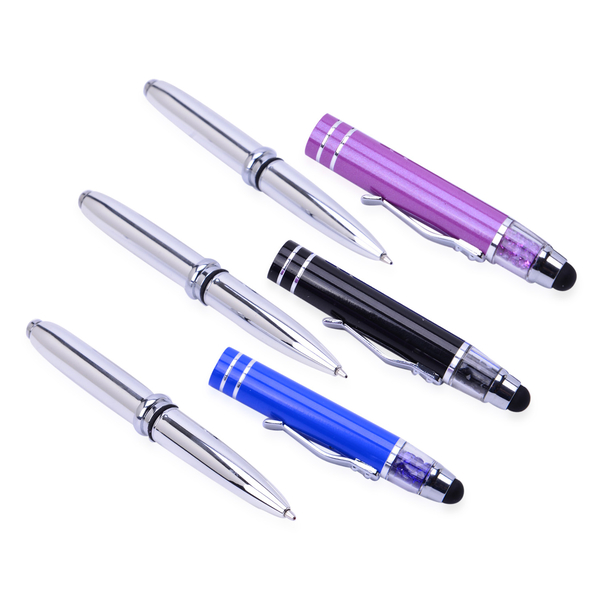 Set of 3 - Silver Tone Pen (Black with Black Ink, Blue with Blue Ink and Lavender Purple with Red Ink) with Acrylic Crystal, Screen Touch and Flash Light and 3 Extra Refill in a Box