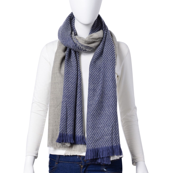 Designer Inspired-Dark Blue and Grey Colour Stripes Pattern Blanket Shawl (Size 200X75 Cm)