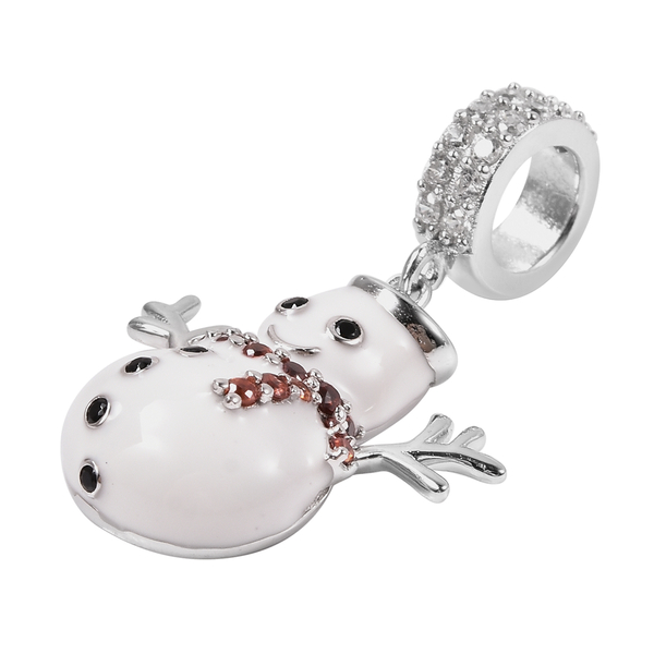 Charmes De Memoire- Simulated Garnet, Simulated Black & White Diamond Snowman Enamelled Charm in Sterling Silver
