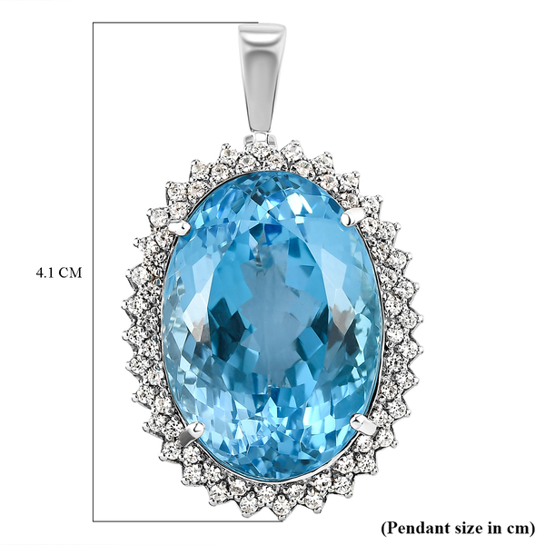 Blue Topaz and Natural Cambodian Zircon Pendant in Platinum Overlay Sterling Silver 47.19 Ct, Silver Wt. 9.00 Gms