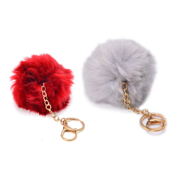 Set of 2 -  Faux Fur Burgundy and Grey Colour Fluffy Pom Pom Key Chain in Gold Tone (Size 10 Cm)