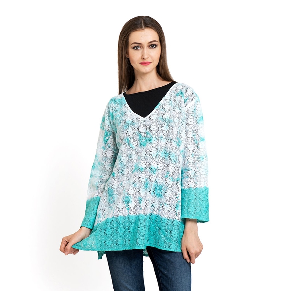 100% Cotton Laser Cut Floral Pattern White and Turquoise Colour Ombre Effects Poncho (Size 70x50 Cm)
