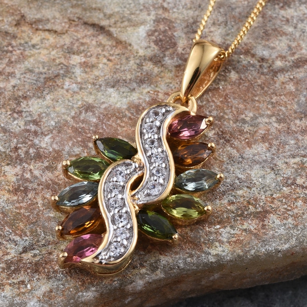 Rainbow Tourmaline (Mrq), Natural Cambodian Zircon Pendant With Chain in 14K Gold Overlay Sterling Silver 1.500 Ct.