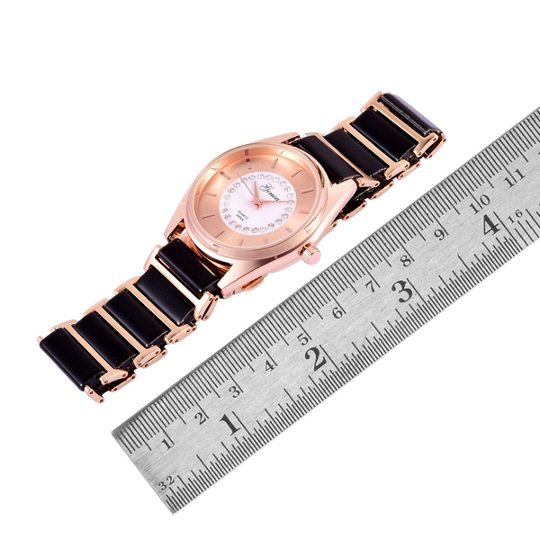 GENOA Japanese Movement White Austrian Crystal Rose Gold Colour Dial Water Resistant Watch in Rose Gold Tone with Stainless Steel Back and Black Ceramic Strap