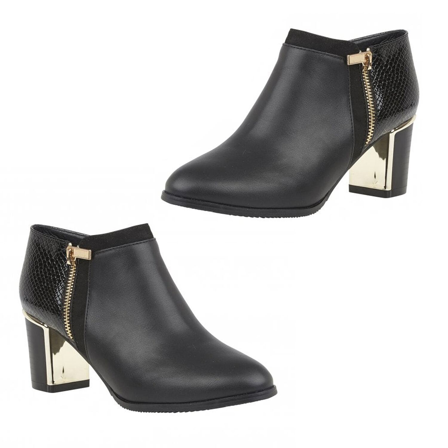 Lotus Chloe Black Faux Fur Lined Ankle Boots with Snake Skin Pattern and Zipper Closure