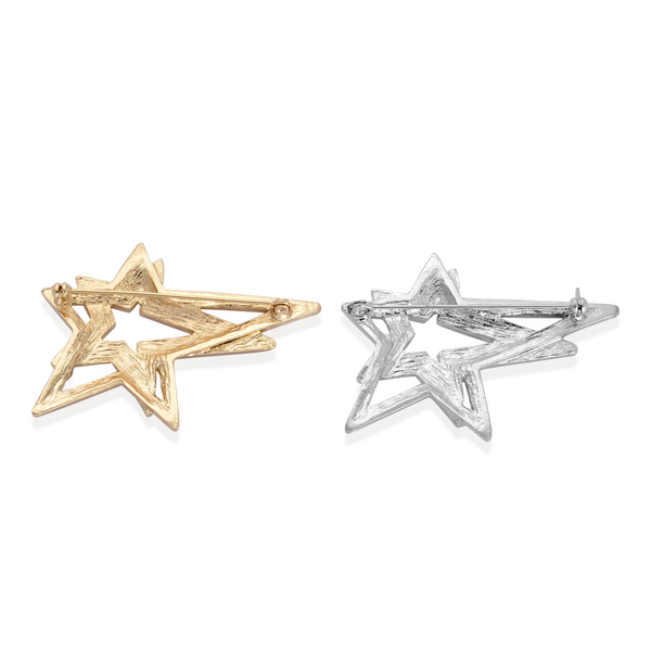 Set of 2 - White Austrian Crystal Star Brooch in Silver and Gold Tone