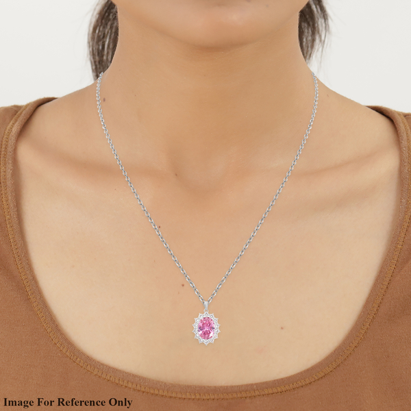 Simulated Pink Diamond & Simulated White Diamond Halo Pendant with Chain (Size 20 with 2 inch Extender) in Silver Tone