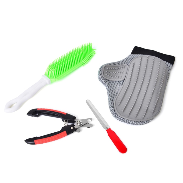 Pet Accessories - Set Of 4 - Grey, Green, Black and Red Colour Glove, Hair Cleaner, Nail Scissors an