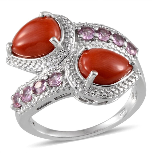 Natural Mediterranean Coral (Pear), Pink Sapphire Crossover Ring in Platinum Overlay Sterling Silver