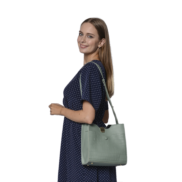 Set of 2 - PASSAGE Croc Embossed Tote bag and Pouch with Zipper Closure (Pouch size: 20x6x18cm and Bag size: 26X9X23 cm) - Green