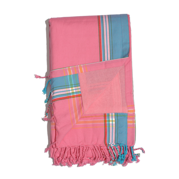 100% Cotton (Front) and 100% Polyester (Back) Pink with Blue Border Kikoy Beach Towel (Size 160x90 Cm) with a Concealed Pocket