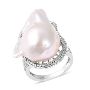 Baroque Freshwater Pearl and Zircon Solitaire Ring in Rhodium Plated Silver 5.10 Grams